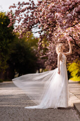Fototapeta na wymiar woman's day. beautiful young woman in luxury long dress near blossoming of sakura. stylish girl near blossoming sakura flowers on background in the spring park. Harmony with nature concept