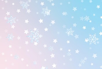 Fototapeta na wymiar Light Pink, Blue vector background with xmas snowflakes, stars.