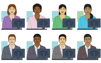 diversity, race, ethnicity of business office executive assistant vector icons, male and female, with monitor, keyboard and binders, isolated on a white background