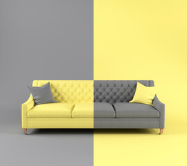 Modernes skandinavisches Stoffsofa mit Kissen auf den Beinen auf gelbgrauem Hintergrund. Farbe des Jahres 2021. Leuchtendes und ultimatives Grau. Kreatives Konzeptmöbel, Innenobjekt. Farbumkehrung © olgaarkhipenko
