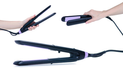 Set collage hair hot iron in hand on white background isolation