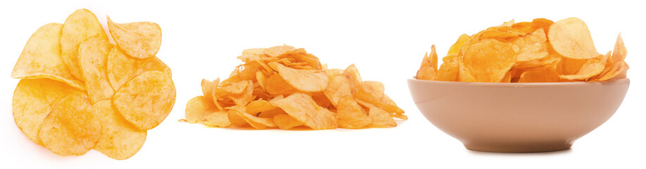 Set collage potato chips on white background isolation