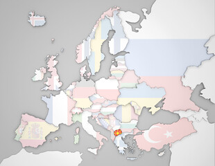3D Europakarte auf der Nordmazedonien hervorgehoben wird und die restlichen Flaggen transparent sind