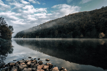 Saar loop in the fog at sunrise, Germany.