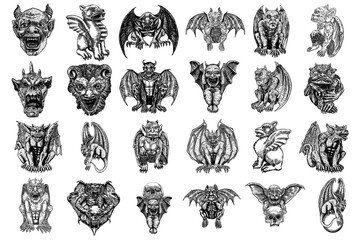 Set of mythological ancient creatures animals with bat like wings and horns. Mythical gargoyle with sharp fangs teeth and nails or claws in seating position. Engraved hand drawn sketch. Vector. - obrazy, fototapety, plakaty