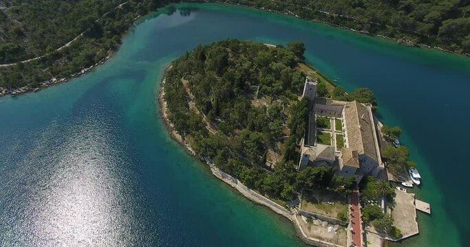 Aerial drone video of St Mary church on island Mljet