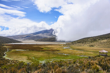 The Cotopaxi volcano in the clouds, Cotopaxi National Park, Ecuador