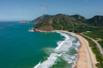 Kiosk at Praia da Barra da Tijuca, Recreio and Grumari in Rio de Janeiro, Brazil. Aerial View from Drone; Amazon rainforest in Rio