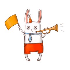 funny rabbit with horn and flag in holiday look, hand drawn illustration © MiriShagal