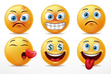 Smiling faces emoticon character set, Facial expressions of cute yellow faces in angry, in love, go mad, and feeling sad. 3D realistic vector illustration