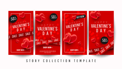 Happy Valentine's day promo story banner collection set with 3d hearts on red background. Valentine's day concept posters set. - obrazy, fototapety, plakaty