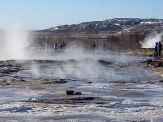 Strokkur geyser in Iceland, during winter road trip.