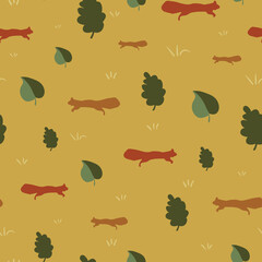Red squirrels and tree leaves seamless vector pattern. Woodland themed surface print design for fabrics, stationery, scrapbook paper, gift wrap, textiles, backgrounds, and packaging.