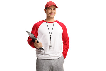 Baseball coach with a whistle around his neck and a clipboard in his hands