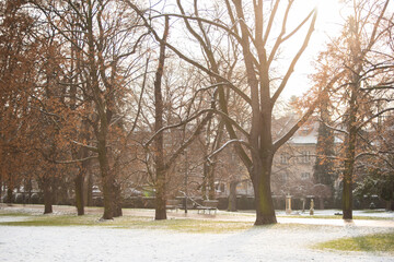 Fototapeta premium Snowing day on Prague. People walk on Park Letna while tram travel through the city, close to Hradcanska in Prague 6