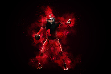 Fototapeta na wymiar American football player, athlete sportsman in red helmet on black background. Sport poster. Motivation wallpaper.