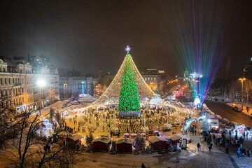 Kyiv, Ukraine - December 23rd, 2020: The main Christmas tree of Ukraine on St. Sophia Square on a snowy evening.