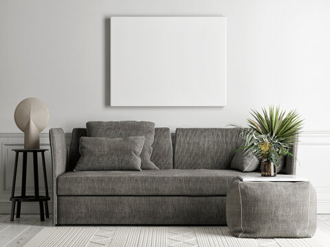Living room with mockup poster on the background wall, Grey comfortable sofa, an armchair in Scandinavian style, 3d render, 3d illustration.