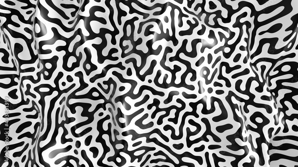 Aufkleber Black and white turing pattern. Reaction-diffusion pattern background. Abstract liquid background. 3D rendering, 3D illustration.