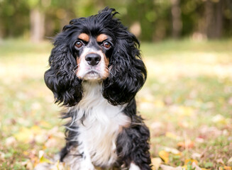 A purebred tricolor Cavalier King Charles Spaniel dog sitting outdoors