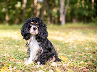 A purebred tricolor Cavalier King Charles Spaniel dog sitting outdoors