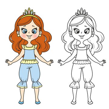 Cute princess in pajamas linear drawing for coloring and color version on white background