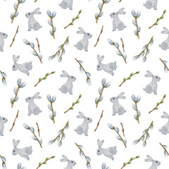 Fototapeta na wymiar Fluffy pussy willow blooming branches and little bunny repeat pattern, young twigs of spring trees, watercolor illustration seamless ornament for Easter holidays celebration decor, cards, gift paper