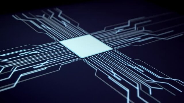 Human finger is pressing a digital button on a touchscreen. Futuristic microprocessor is starting the operation of the computer program. Machine learning and artificial intelligence concept.