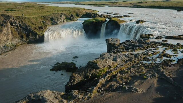Iceland landscape drone 4k view of Godafoss waterfall. Most famous tourist attractions.