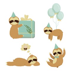 Set cute sloth characters, birthday, greeting concept. Bright and colourful bear isolated on white background with funny hat, bow, present and balloons. Clipart in cartoon style. © Alyona