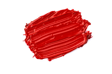a smear of bright red acrylic paints on a white isolated background.