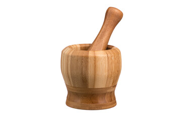 Mortar with pestle for grinding made of natural wood on a white isolated background