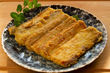 Fried beltfish (largehead hairtail), daiyu, Chinese food close up.