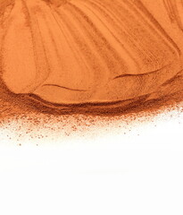 Pile of Red dirt (soil) on white. Heap of Red dry clay isolated on white background. Ochre, also spelled ocher, a natural yellow earth pigment.