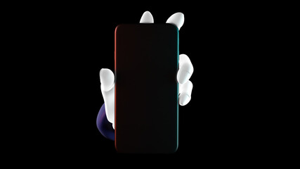 Mockup concept set of social media, app, messages and comments. Hand holding phone, isolated on black background. 3d rendering