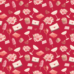 Valentine's Day seamless pattern. Romantic repeating background with sweets and glasses.