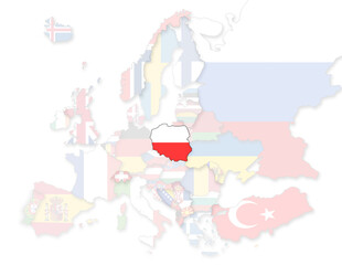 3D Europakarte auf der Polen hervorgehoben wird und die restlichen Flaggen transparent sind
