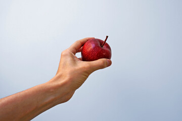 Red apple on hand in a bright background 