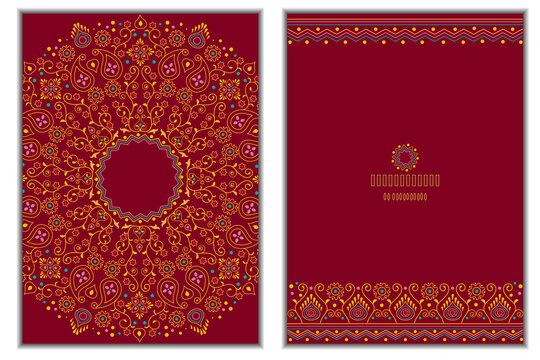 Set of invitation cards with floral mandala background in bright burgundy color. 