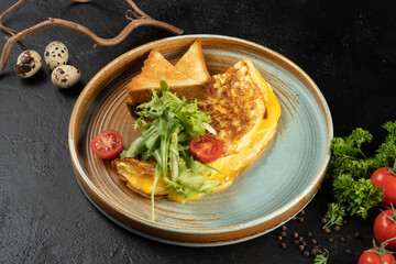 Omelet with cheese, salad and cherry tomatoes. A hot second course for breakfast of chicken eggs, cheese salad and vegetables. Classic vegetarian breakfast with toast.