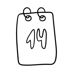 Obraz premium A calendar sheet with the date February 14. Decorative element for Valentine's Day. A simple single outline design object is drawn by hand and isolated on a white background. Black white vector.