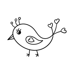 Cute bird with feathers in the shape of a heart. Decorative design element for Valentine's Day. Simple outline illustration drawn by hand and isolated on a white background. Black white vector