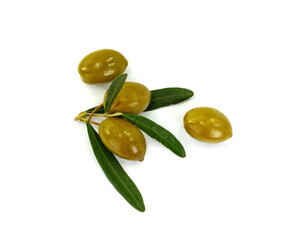 Olive branch with three green olives, isolated on white background