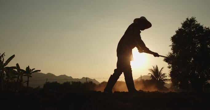 Slow motion silhouette scene of rural male Asian farmer digging the soil with a hoe to prepare for planting as the sun sets with sunlight passing through him beautifully.