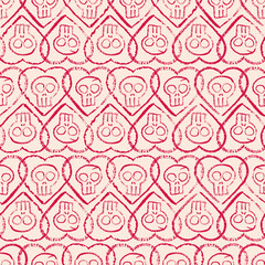 Vector red doodle hearts skulls seamless pattern