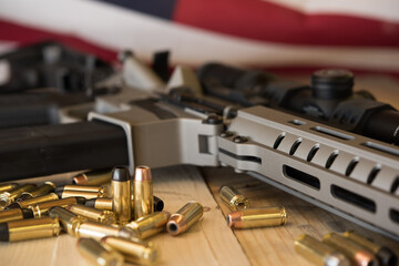 Tactical gun and ammunition, usa flag background