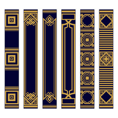 Spines of books pattern set. Bookbinding template design. Samples roots of book or bookmarks. Luxury gold and blue ornament. Ornamental frames and borders.