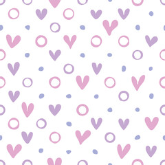 Romantic seamless pattern with doodle heart, bubbles and dots. Simple modern hand drawn background. Repeating vector for invitations, card or wrapping paper.