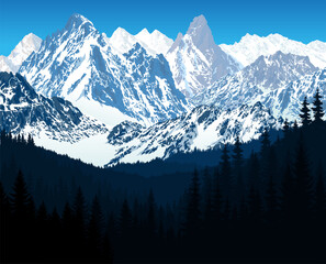 vector woodland winter alps mountains illustration Europe Switzerland