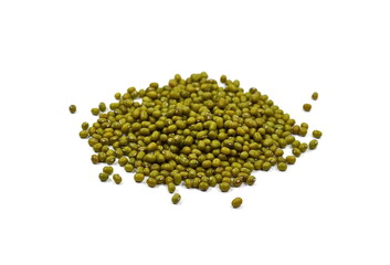 Dry green beans on white background. Organic raw green beans mungo (Vigna radiata) isolated on white background. 